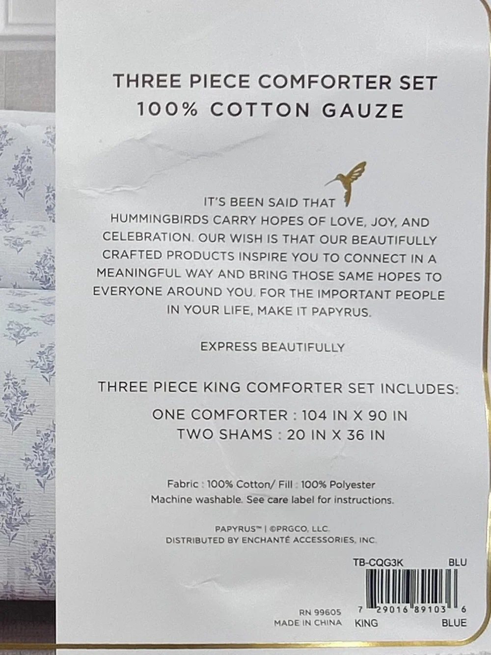 Papyrus Blue and White Cotton Gauze King Floral Comforter Set 104”x90”